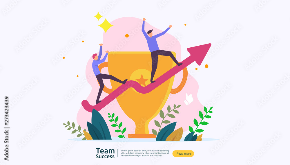 Team success with trophy cup. winning teamwork concept. Together achievement with people character for web landing page template, banner, presentation, social, poster, ad, promotion or print media