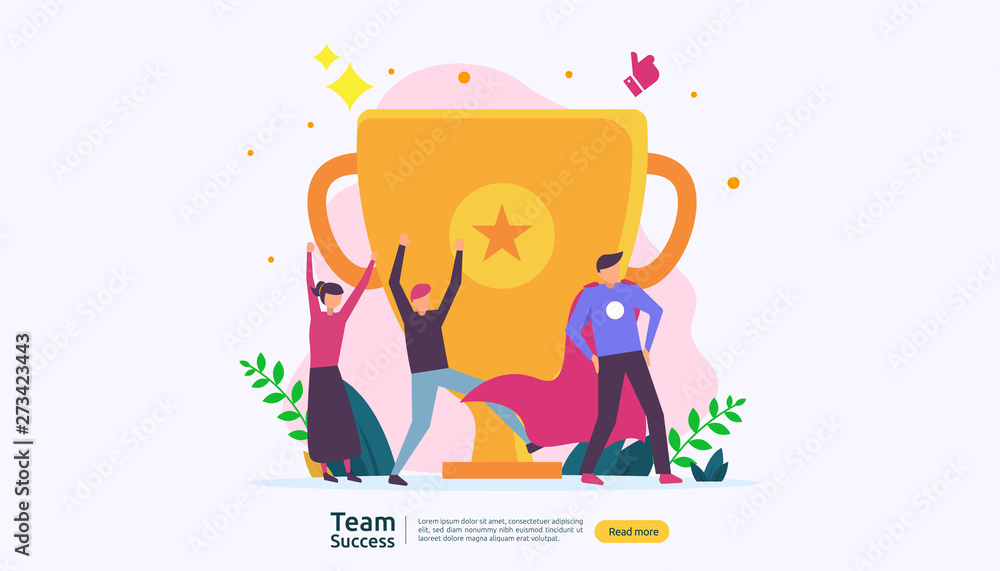 Team success with trophy cup. winning teamwork concept. Together achievement with people character for web landing page template, banner, presentation, social, poster, ad, promotion or print media Team success with trophy cup. winning teamwork concept. Together achievement with people character for web landing page template, banner, presentation, social, poster, ad, promotion or print media