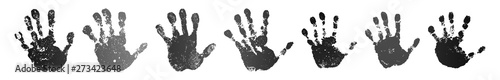 Hand print set isolated on white background. Black paint human hands. Silhouette child, kid, young people handprint. Stamp fingers and palm shape. Abstract design. Grunge texture. Vector illustration