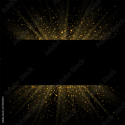 Gold sparkle background, black frame. Golden light glitter confetti texture decoration. Shiny abstract design Christmas holiday, Happy New Year celebration. Glow sund shimmer dust. Vector illustration