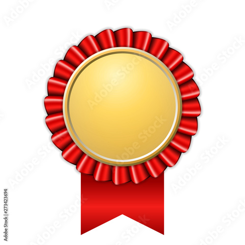 Award ribbon gold icon. Golden red medal design isolated on white background. Symbol of winner celebration, best champion achievement, success trophy seal. Blank rosette element. Vector illustration