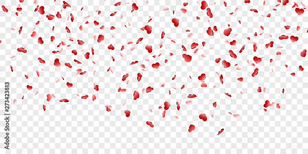 Heart falling confetti isolated white transparent background. Red fall hearts. Valentine day decoration. Love element design, hearts-shape confetti wedding card, romantic holiday. Vector illustration