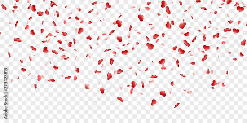 Heart falling confetti isolated white transparent background. Red fall hearts. Valentine day decoration. Love element design  hearts-shape confetti wedding card  romantic holiday. Vector illustration