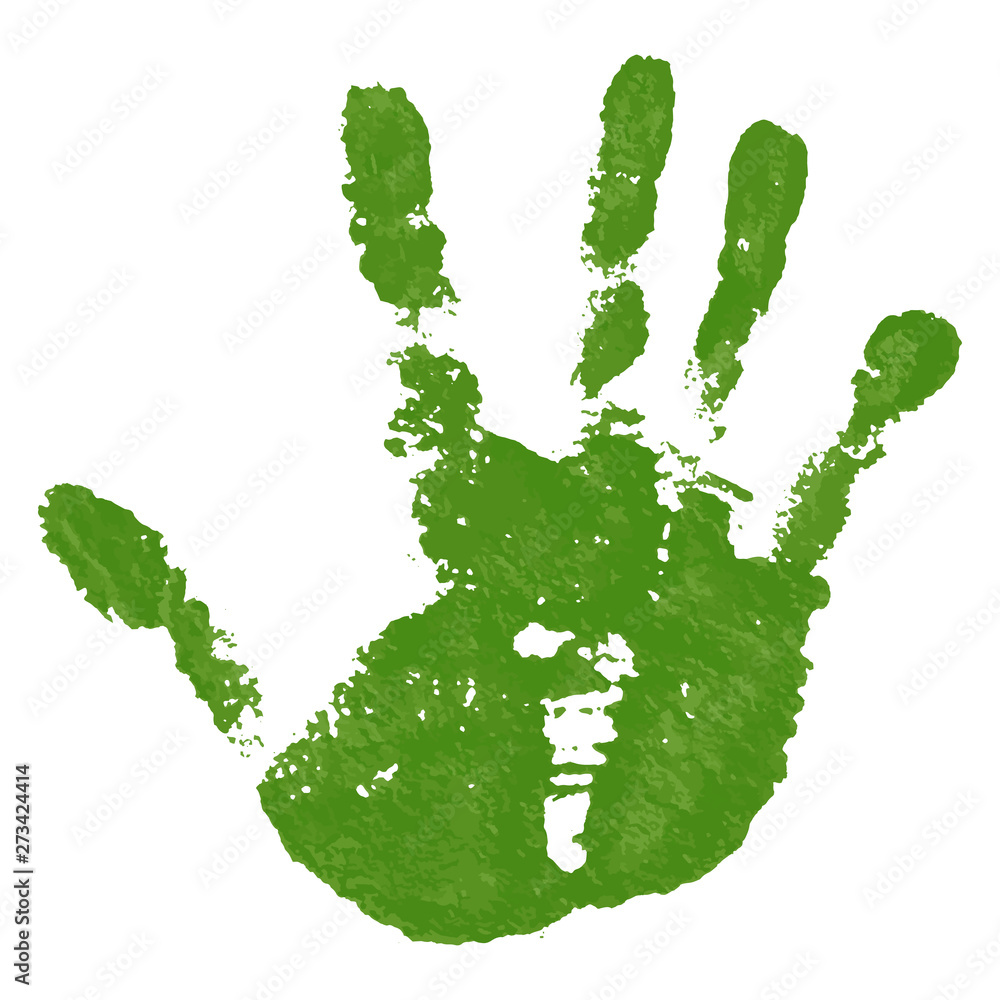Hand paint print, isolated white background. Green human palm and fingers. Abstract art design, symbol identity people. Silhouette child, kid, people handprint. Grunge texture. Vector illustration Hand paint print, isolated white background. Green human palm and fingers. Abstract art design, symbol identity people. Silhouette child, kid, people handprint. Grunge texture. Vector illustration