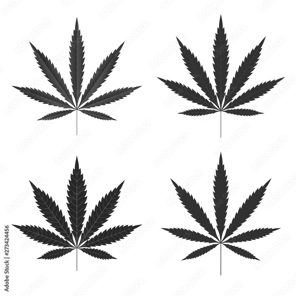 Cannabis leaf icons set. Black silhouette indica sativa isolated white background. Herbal medicine herb plant. Natural weed hemp. Addiction smoke drug Illegal narcotic marijuana. Vector illustration Cannabis leaf icons set. Black silhouette indica sativa isolated white background. Herbal medicine herb plant. Natural weed hemp. Addiction smoke drug Illegal narcotic marijuana. Vector illustration