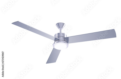 Three blade ceiling fan. Isolated vector object. Metallic chrome chandelier with a simple white lamp and cooling propeller. Home, hotel and office overhead ventilator. Generic appliance. Detailed icon