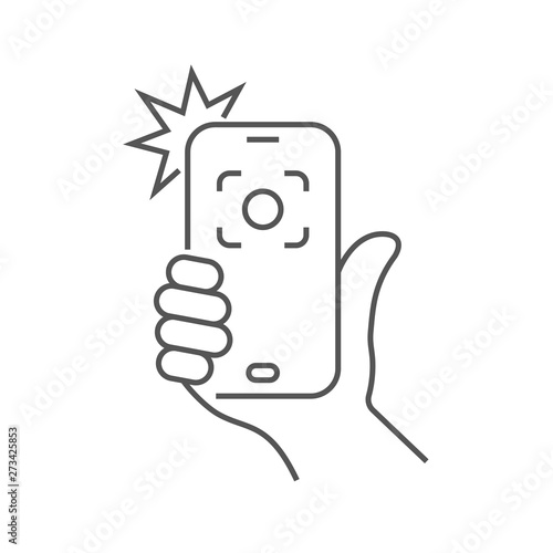 The hand hold the smartphone and photographed with a flash. Photo on smartphone. Editable Stroke. EPS 10