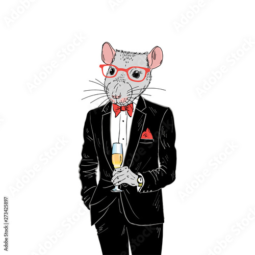 Humanized rat man hipster dressed up in classy tuxedo with champagne. Hand drawn vector illustration. Furry art image. Anthropomorphic animal.