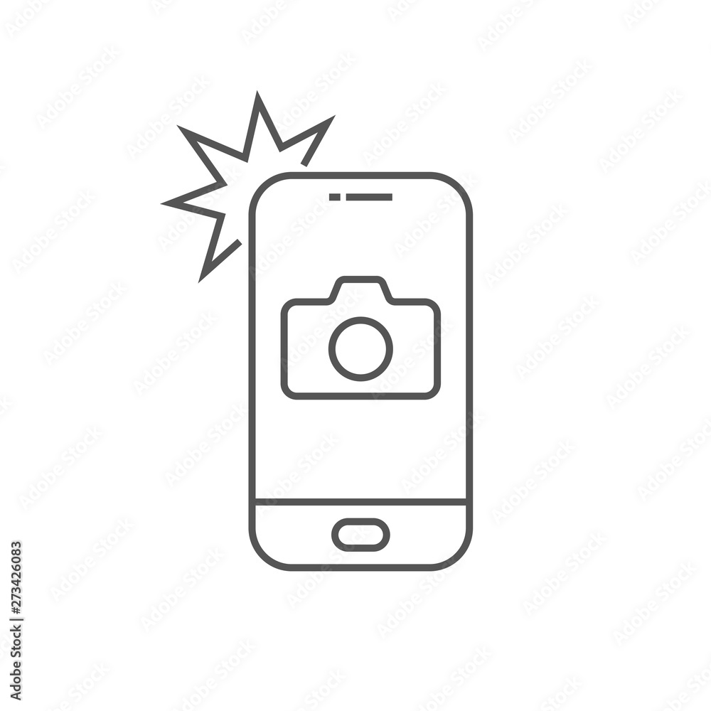 Simple icon smartphone with camera and flash. Modern phone with photo sign  for web design. Vector outline element isolated. Editable Stroke. EPS 10  Stock-Vektorgrafik | Adobe Stock