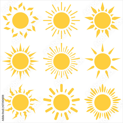 Set of different sun icons. Vector illustration.