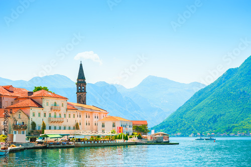 Beautiful view of Perast town in Kotor bay, Montenegro. Famous travel destination. Summer landscape.
