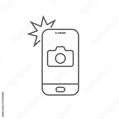 Simple icon smartphone with camera and flash. Modern phone with photo sign for web design. Vector outline element isolated. Editable Stroke. EPS 10