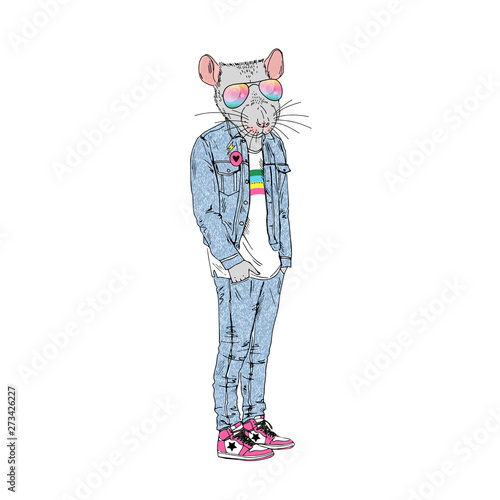 Humanized rat man hipster dressed up in retro 90's jeans style. Hand drawn vector illustration. Furry art image. Anthropomorphic animal.