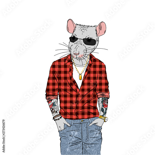 Humanized rat man hipster with tattoo dressed up in plaid shirt and jeans. Hand drawn vector illustration. Furry art image. Anthropomorphic animal.
