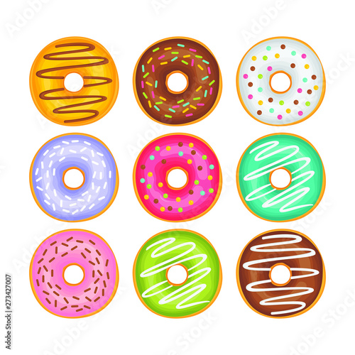Colorful glazed donut set on white background. Set doughnut sweet food. Donuts vector