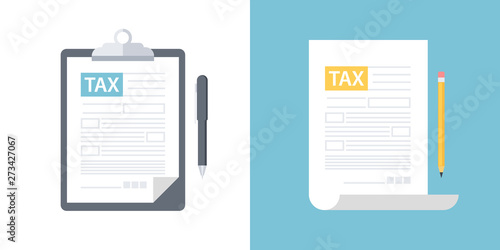 Clipboard with tax form and pen, tax form with pencil. Tax declaration or income taxation flat design vector illustration.