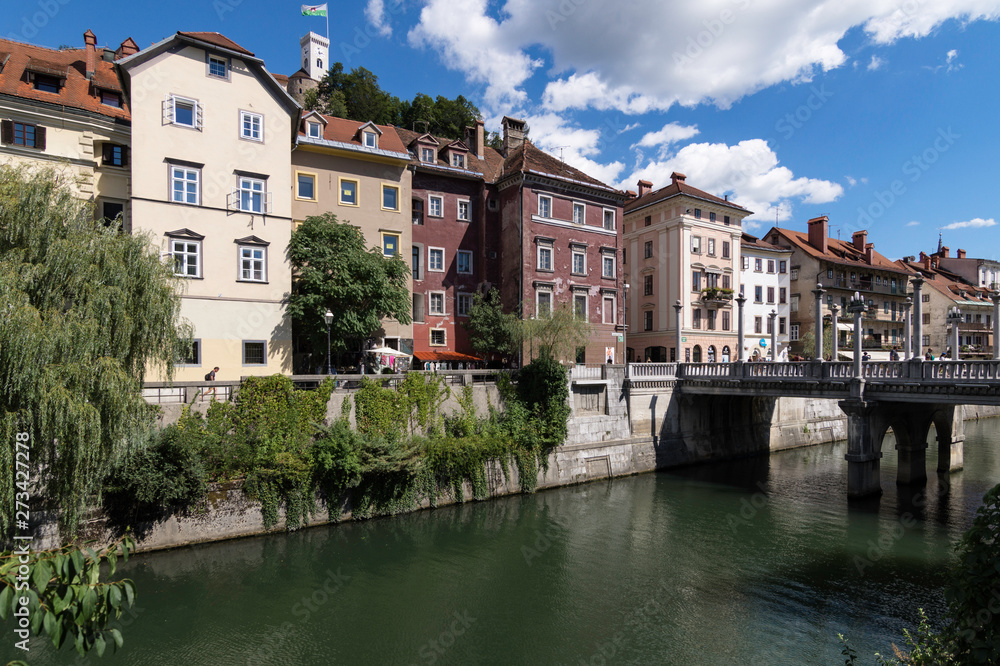 Ljubljanica River as it passes through the Coblers Bridge in the city of Ljubljana, Slovenia