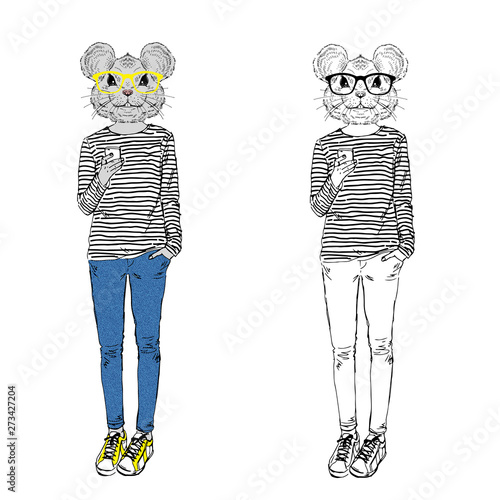 Humanized rat girl hipster with mobile dressed up in stripy top, jeans and glasses. Hand drawn vector illustration. Furry art image. Anthropomorphic animal.