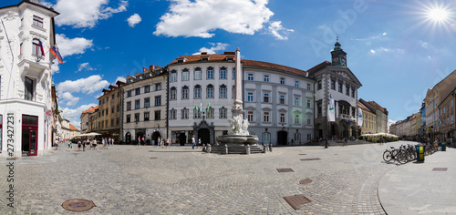 Panoramic view of the Maestni square, with the Town Hall on the right side and in the center of the image the Robba Fountain, Ljubljana, Slovenia