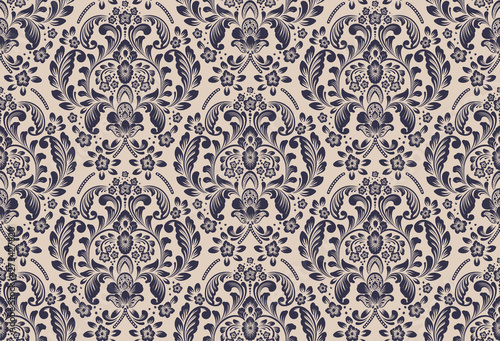 Vector damask seamless pattern background. Classical luxury old fashioned damask ornament, royal victorian seamless texture for wallpapers, textile, wrapping. Exquisite floral baroque template.