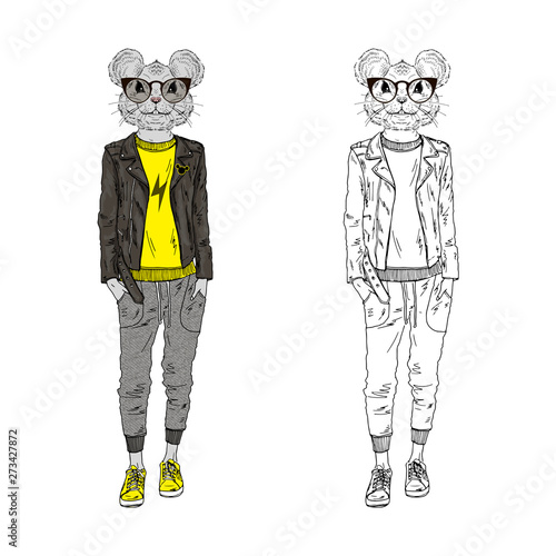 Humanized rat teenager girl hipster dressed up in modern urban style. Hand drawn vector illustration. Furry art image. Anthropomorphic animal.