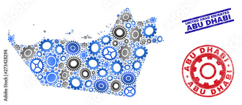 Cog vector Abu Dhabi Emirate map composition and seals. Abstract Abu Dhabi Emirate map is created from gradient randomized gearwheels. Engineering territory plan in gray and blue colors,