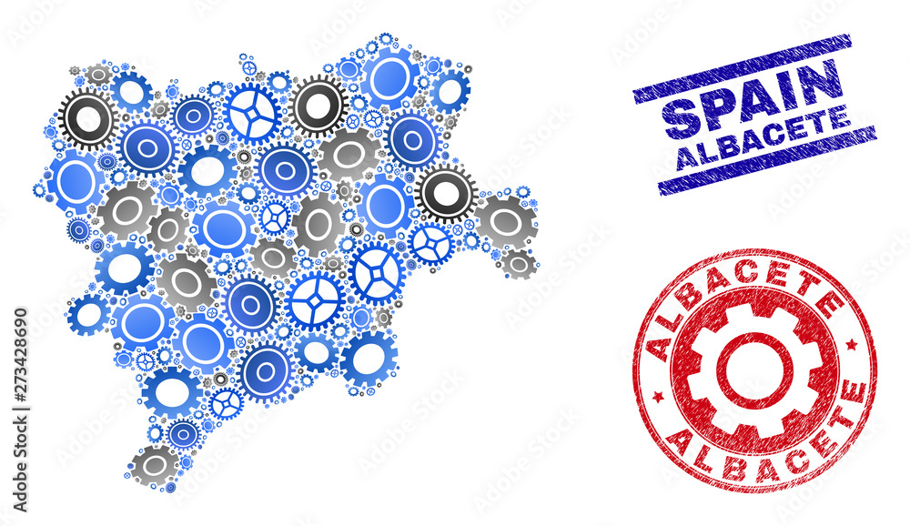 Gear vector Albacete Province map collage and seals. Abstract Albacete Province map is organized from gradiented randomized gear wheels. Engineering territory plan in gray and blue colors,