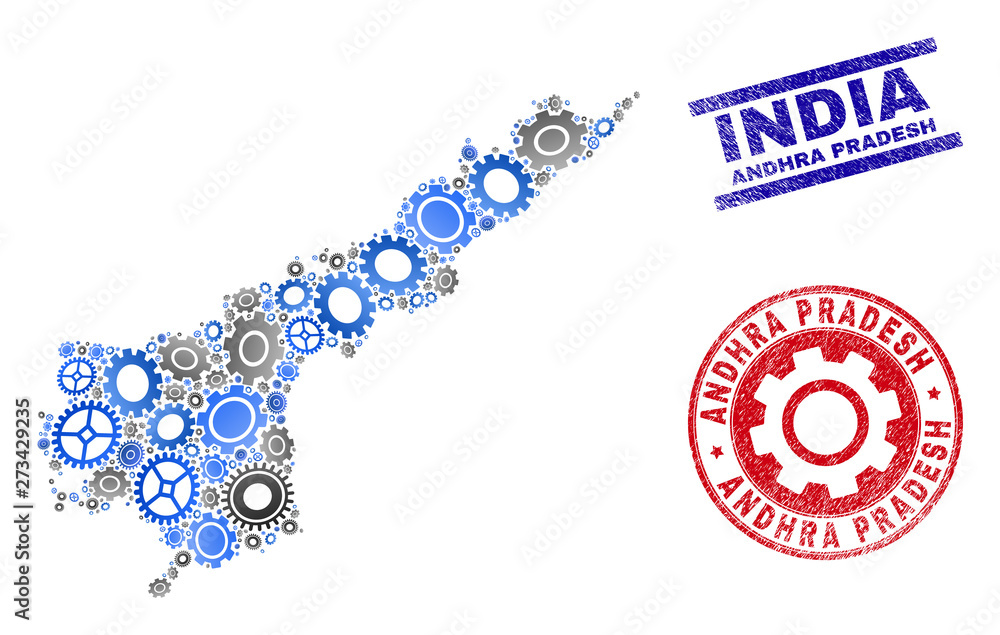 Cog vector Andhra Pradesh State map collage and seals. Abstract Andhra Pradesh State map is designed of gradient random gearwheels. Engineering geographic plan in gray and blue colors, Cog vector Andhra Pradesh State map collage and seals. Abstract Andhra Pradesh State map is designed of gradient random gearwheels. Engineering geographic plan in gray and blue colors,