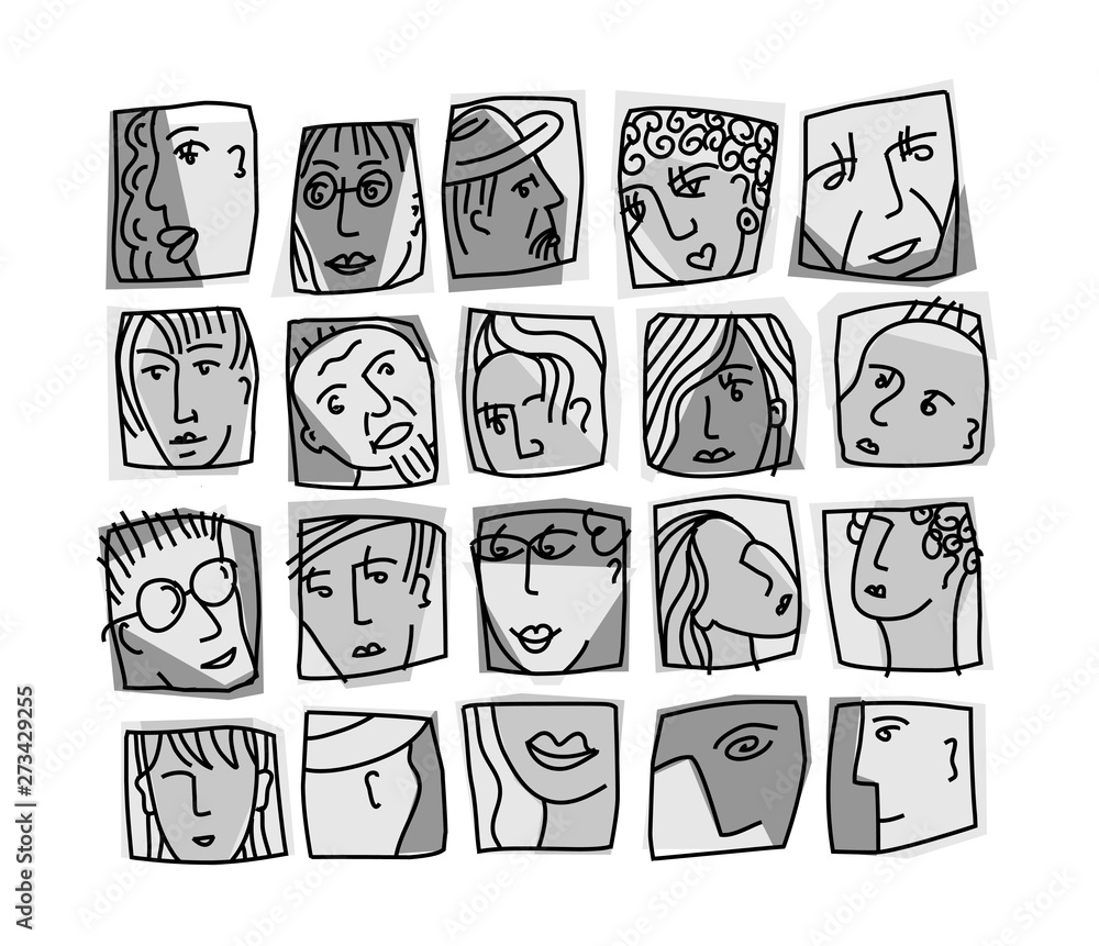 People abstract faces avatars characters grayscale icons set People abstract faces avatars characters grayscale icons set