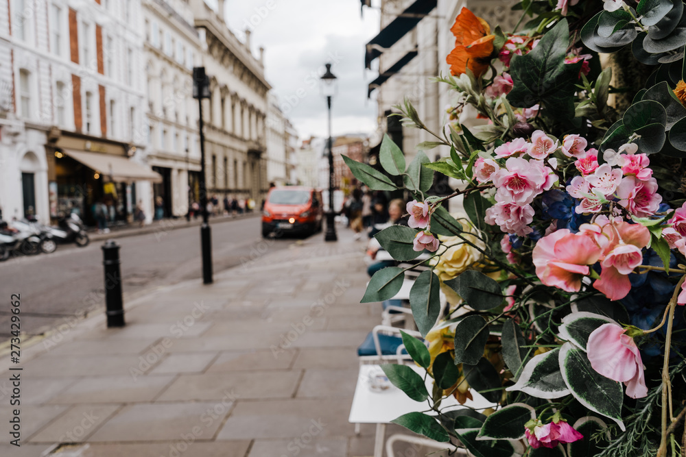 Flowers in front of street in London, selective focus on flowers