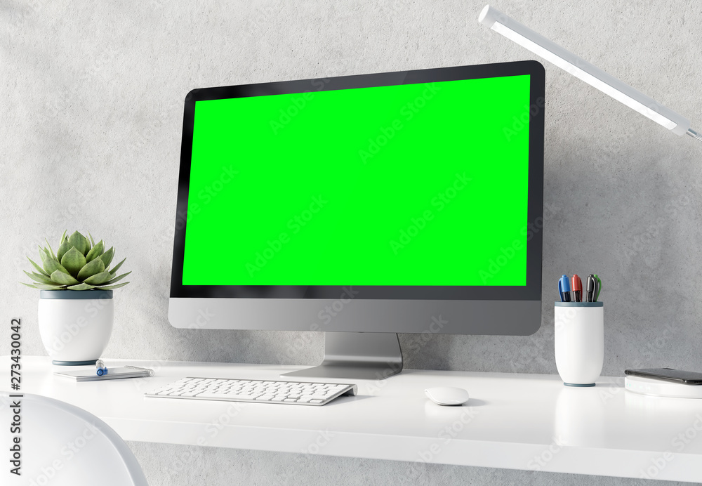 Fototapeta premium Modern black and silver computer on white desktop and concrete interior mockup 3D rendering