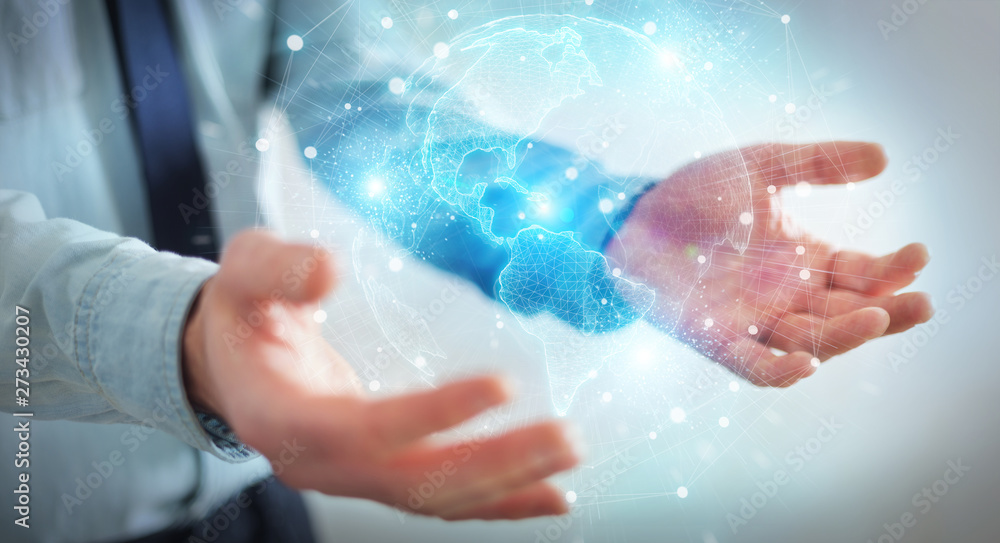 Businessman using America Usa map globe network hologram 3D rendering Businessman using America Usa map globe network hologram 3D rendering