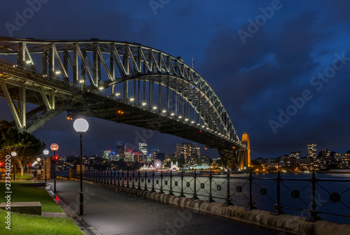Beautiful view of the Harbour Bridge and the bay of Sydney, Australia, in the blue hour light