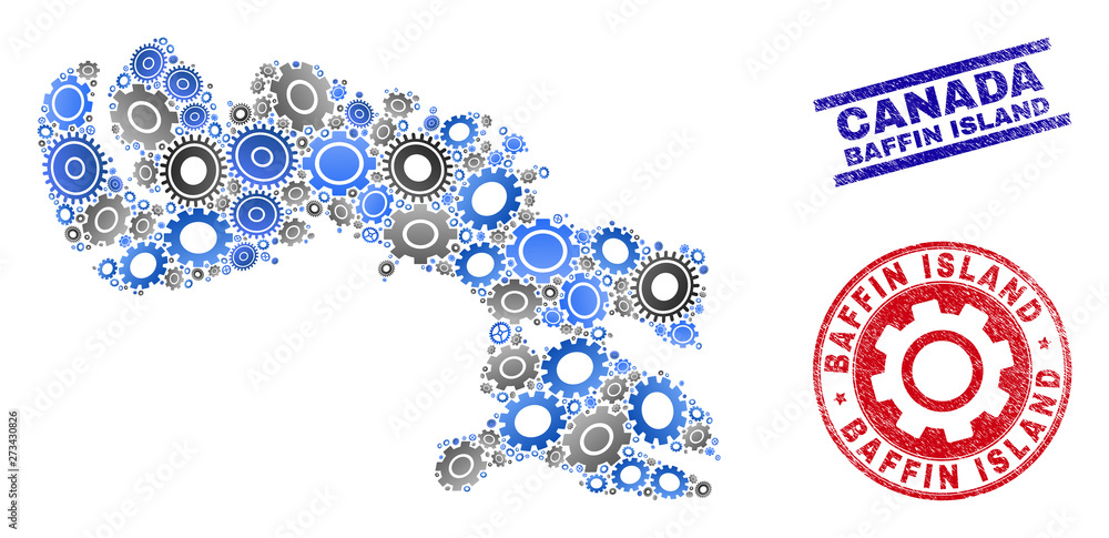Mechanics vector Baffin Island map composition and seals. Abstract Baffin Island map is composed from gradiented randomized cogs. Engineering territorial scheme in gray and blue colors,