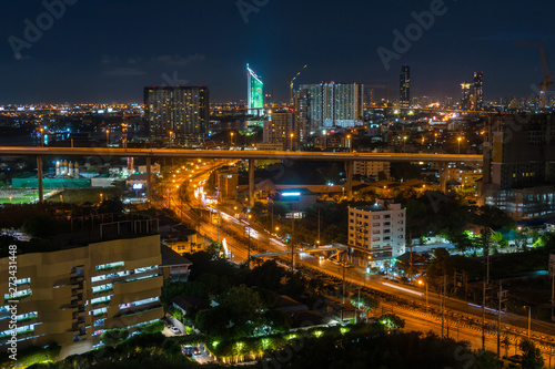 Bangkok City skyline with urban skyscrapers in night time, Thailand