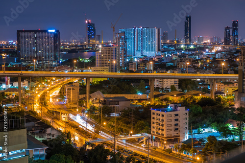 Bangkok City skyline with urban skyscrapers in night time, Thailand