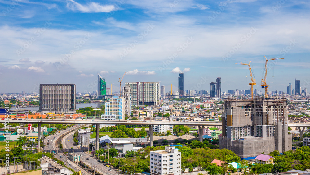 Bangkok City skyline with urban skyscrapers with cloud sky background, Thailand