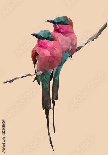 low poly illustration of two pink and blue colored birds