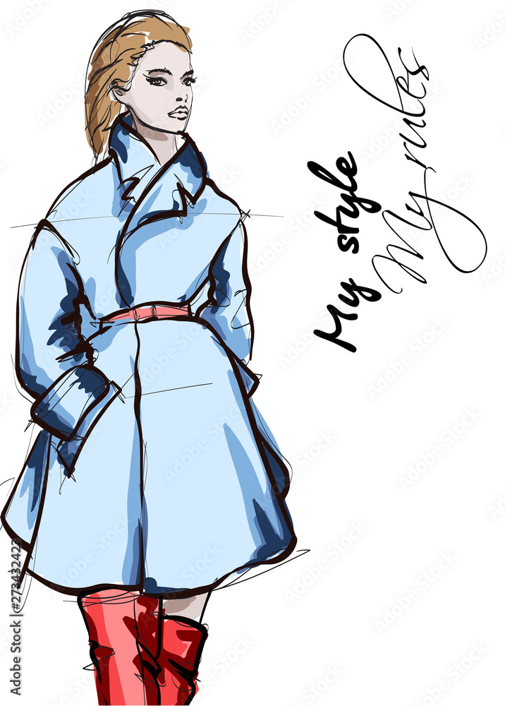Beautiful young women in blue coat. Hand drawn fashion girl. Fashion model posing. Sketch. Vector illustration.