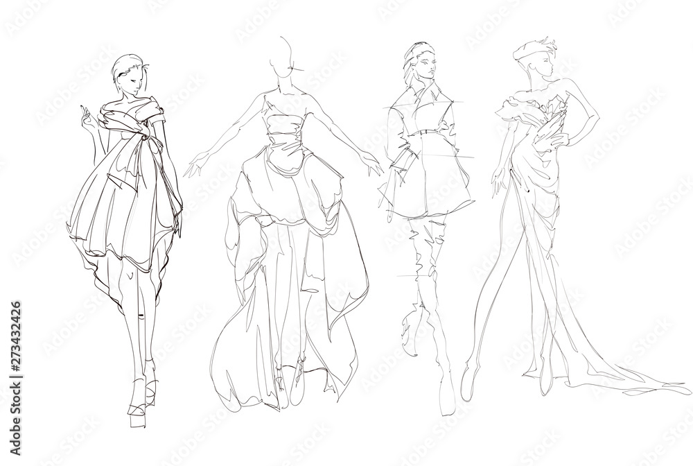Obraz premium Fashion models sketch hand drawn , stylized silhouettes isolated.Vector fashion illustration set.