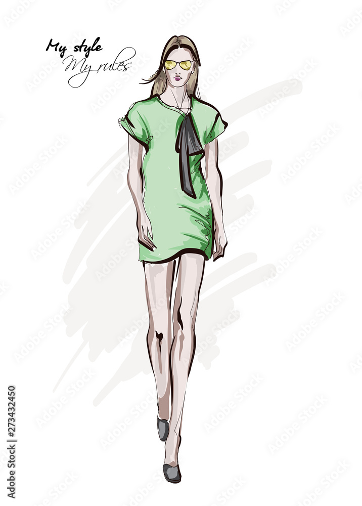 Hand drawn beautiful young woman in dress. Stylish autumn outfit. Fashion woman look. Fashion model posing. Sketch Hand drawn beautiful young woman in dress. Stylish autumn outfit. Fashion woman look. Fashion model posing. Sketch