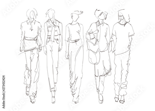 Fashion models sketch hand drawn , stylized silhouettes isolated.Vector fashion illustration set.