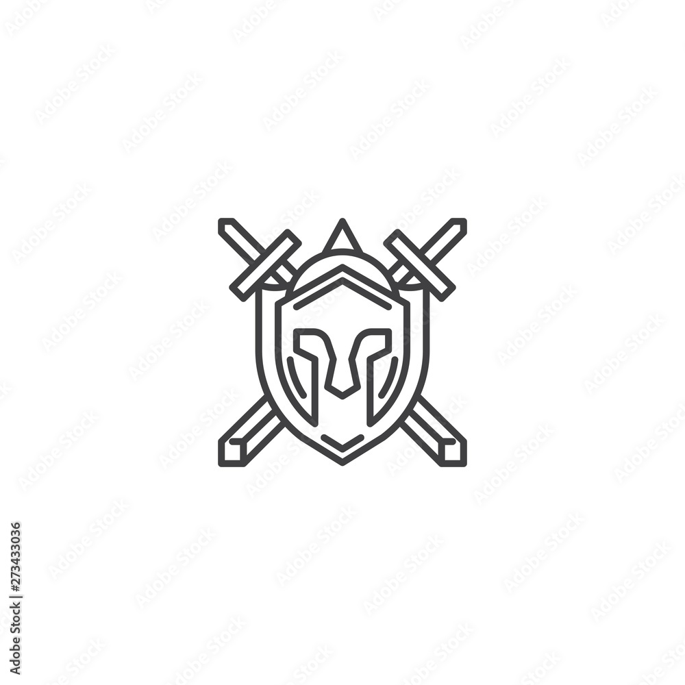 Obraz premium Spartan warrior helmet with shield and sword. Vector logo icon template