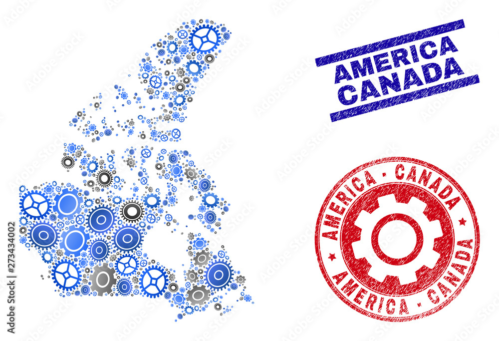 Wheel vector Canada v2 map composition and seals. Abstract Canada v2 map is constructed of gradiented random gears. Engineering geographic scheme in gray and blue colors, Wheel vector Canada v2 map composition and seals. Abstract Canada v2 map is constructed of gradiented random gears. Engineering geographic scheme in gray and blue colors,
