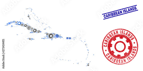 Workshop vector Caribbean Islands map collage and seals. Abstract Caribbean Islands map is designed with gradient randomized cogwheels. Engineering geographic scheme in gray and blue colors,