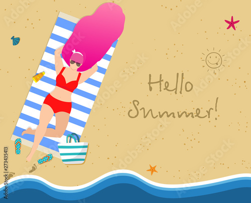 Tanning Woman on Beach, Summertime Leisure, Resort