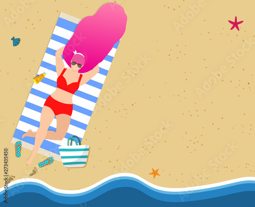 Tanning Woman on Beach, Summertime Leisure, Resort