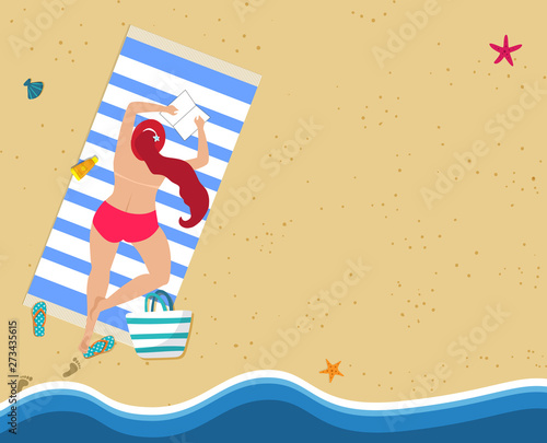 Top View of Young Woman in Red Bikini on Beach