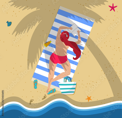 Top View of Young Woman in Red Bikini on Beach