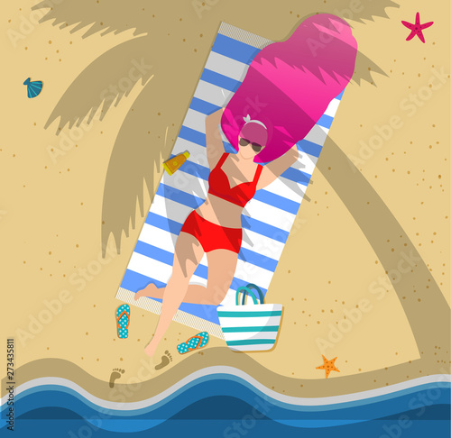 Tanning Woman on Beach, Summertime Leisure, Resort